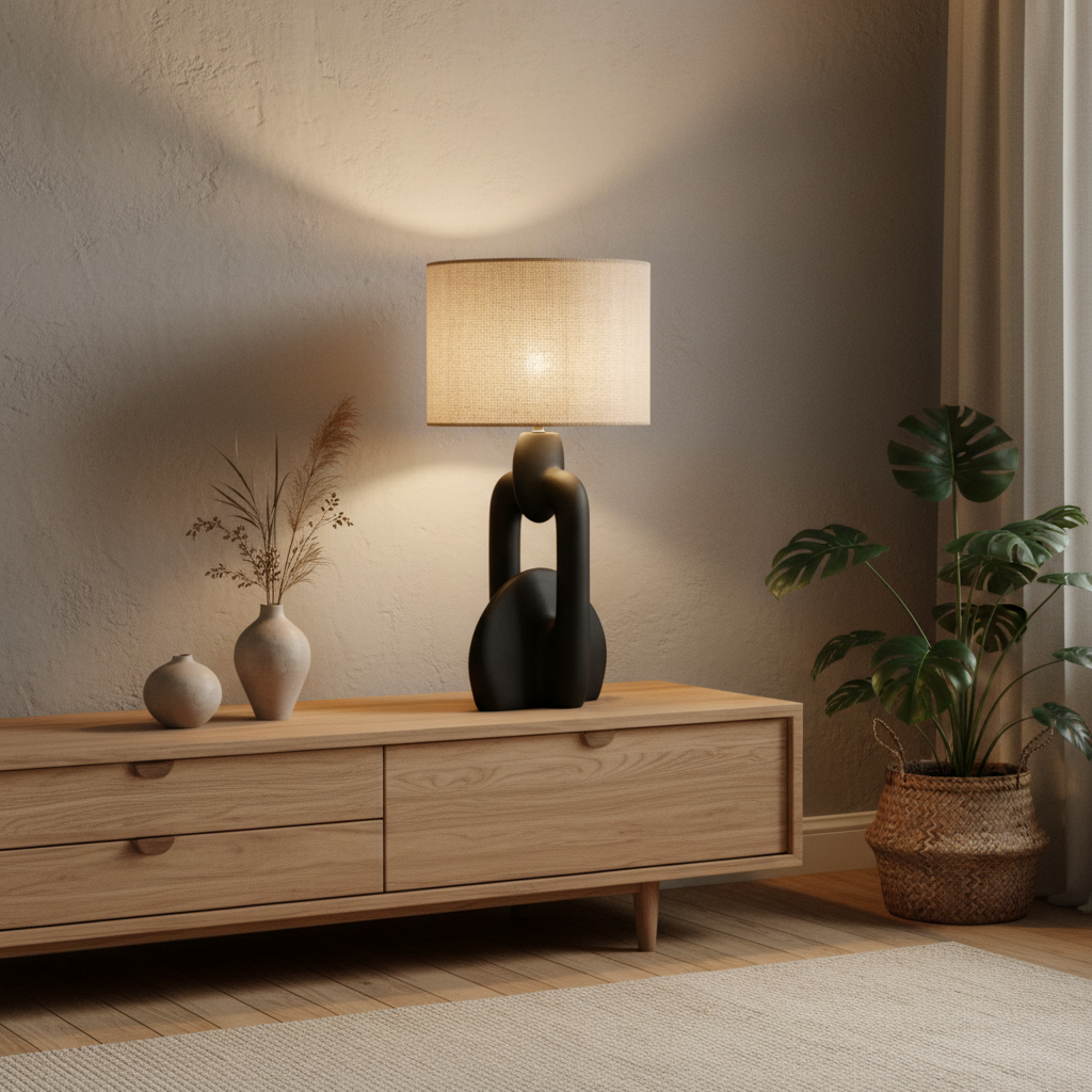 Lampe de table en résine noire dans un intérieur japandi